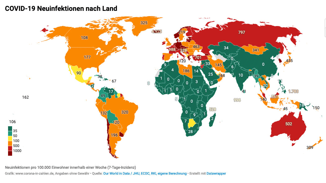 Inzidenzen weltweit Stand 23. Februar 2022